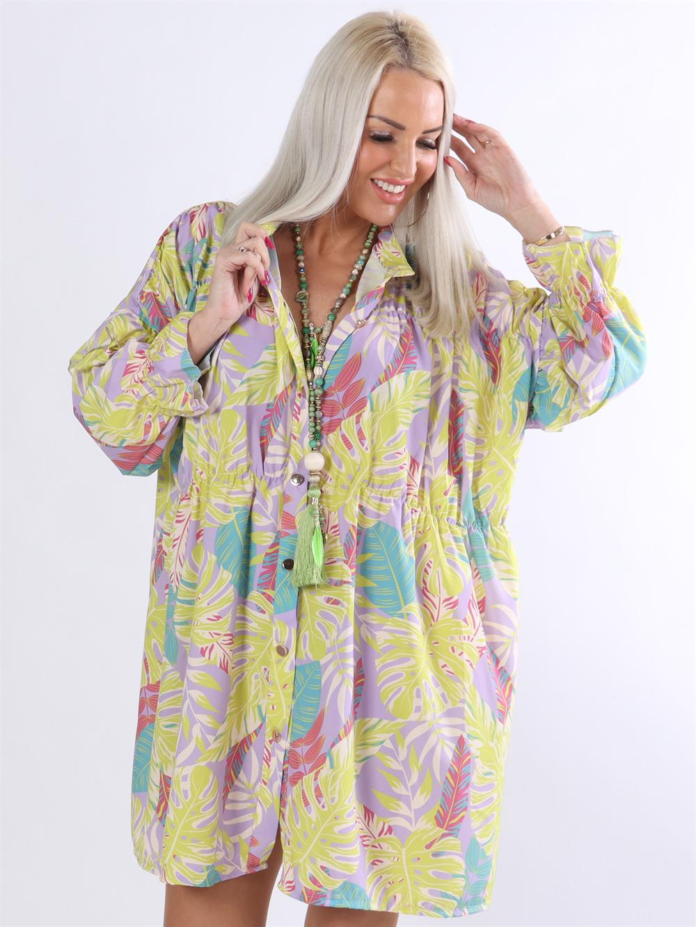 Monica Leaf - Bladmønstret tunikakjole med flæser